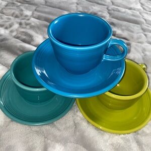 Fiesta Homer Laughlin Lead Free USA Saucer Teacup Cup Set‎ (3) Green Blue